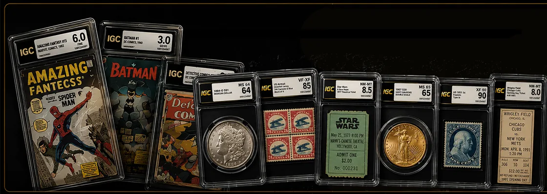 A collection of encapsulated collectibles — comics, coins, currency, stamps and tickets in IGC slabs.