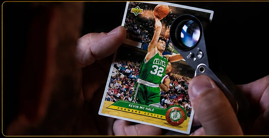 A grader examining a trading card through a jeweler's loupe.