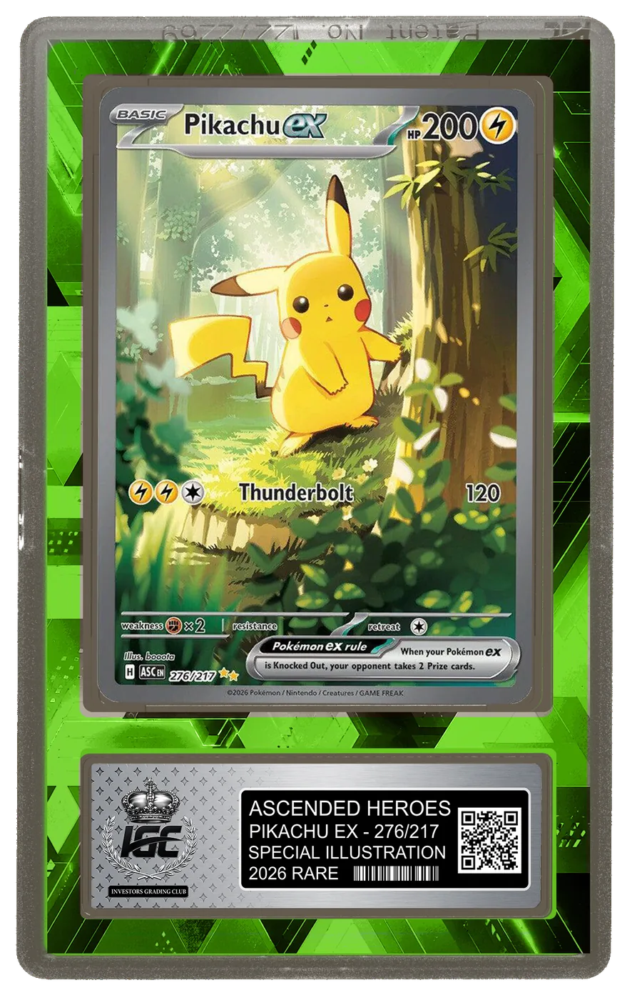 Concept render of a graded trading card sealed in an IGC slab with a printed series gasket and silver tag